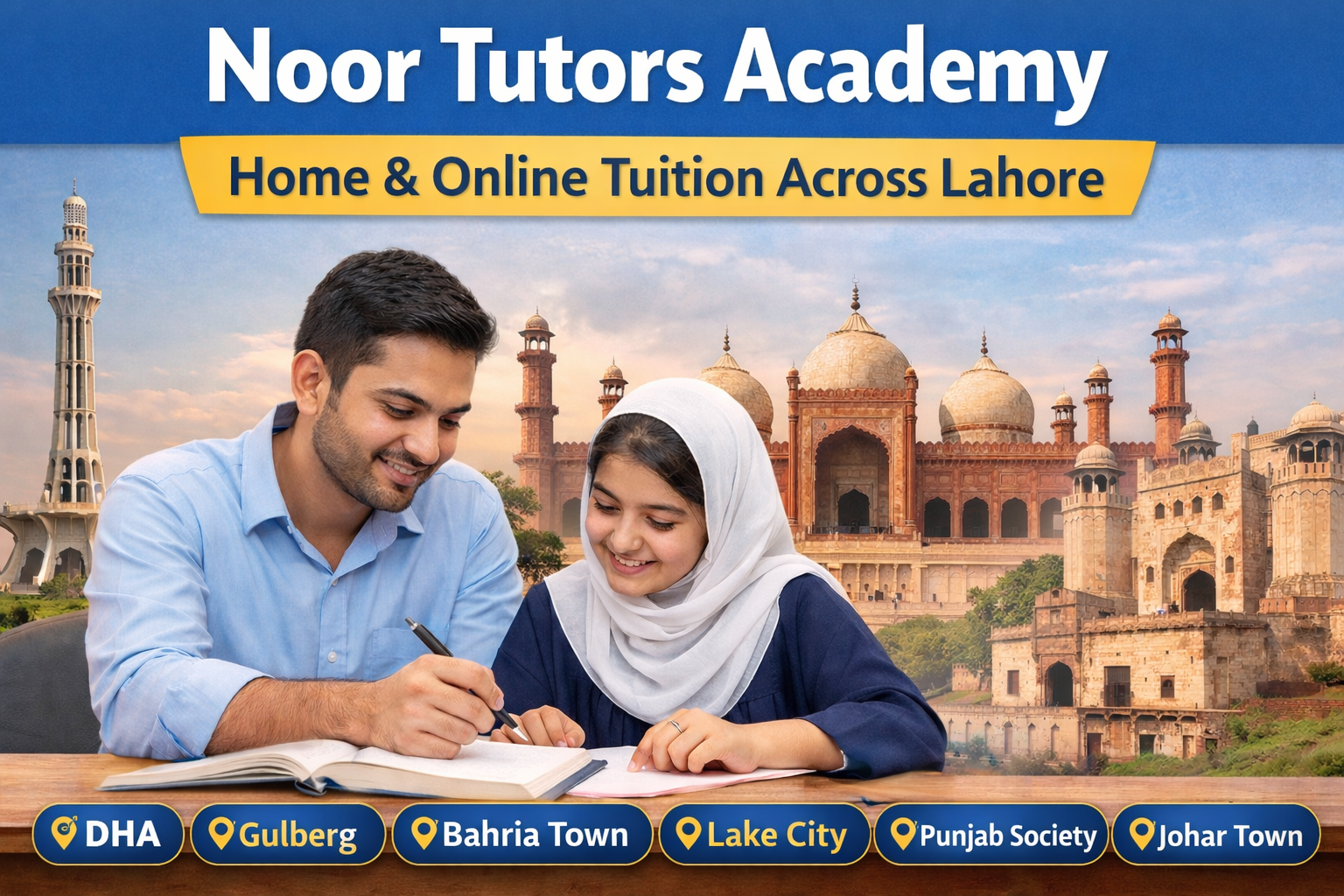 Noor Tutors Academy providing home and online tuition across Lahore including DHA, Gulberg, Bahria Town, Lake City, Punjab Society and Johar Town