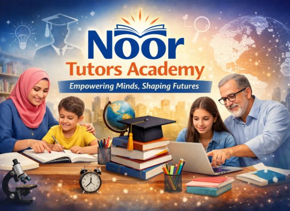 Noor Tutors Academy providing professional home and online tutoring services with expert tutors helping students study with books and digital learning tools.