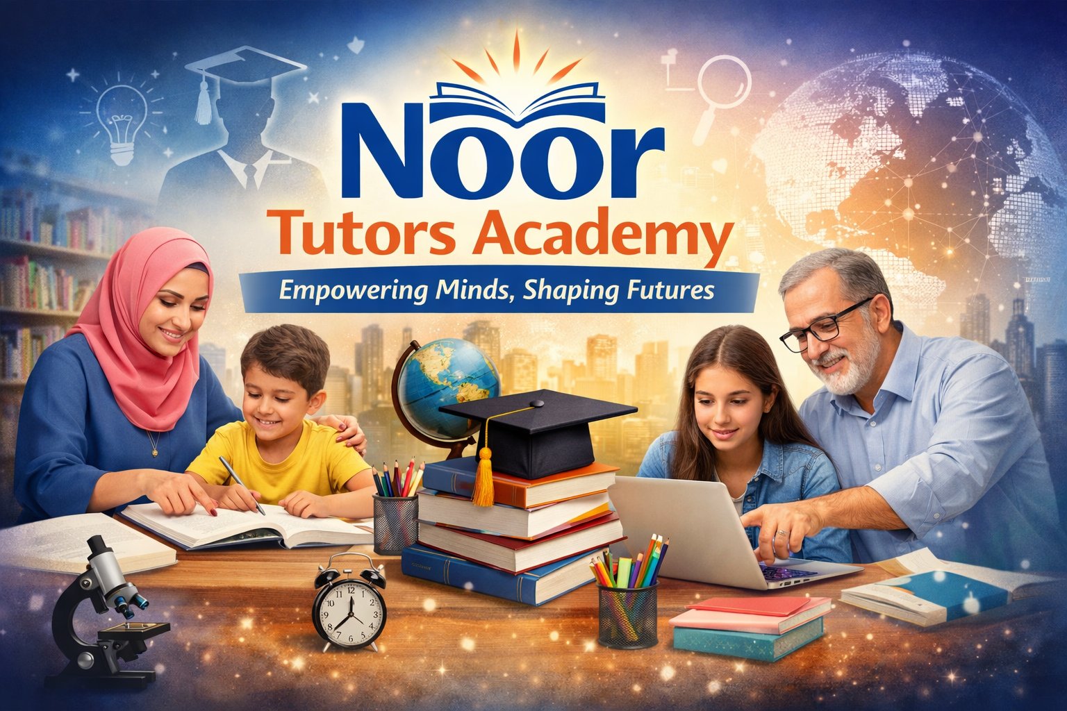 Noor Tutors Academy providing professional home and online tutoring services with expert tutors helping students study with books and digital learning tools.